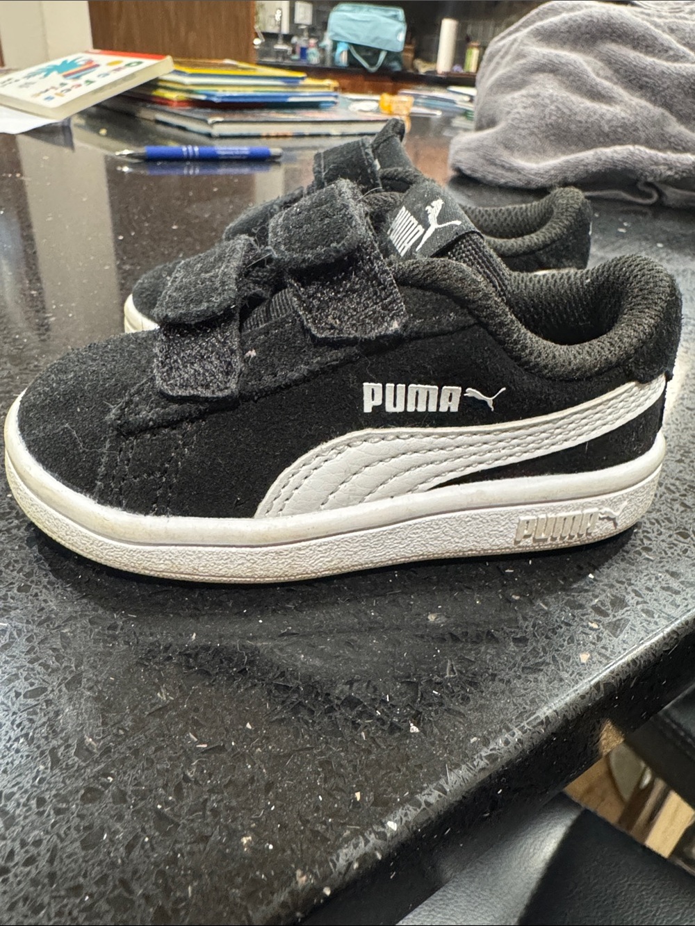 Puma Kids Black and White Velcro Suede Sneakers